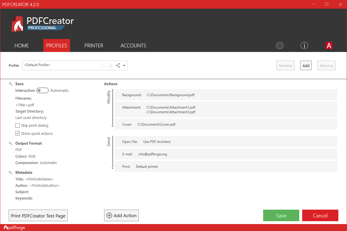 Workflow Editor в PDFCreator с действиями Background, Attachment, Cover, Open File, E-mail и Print
