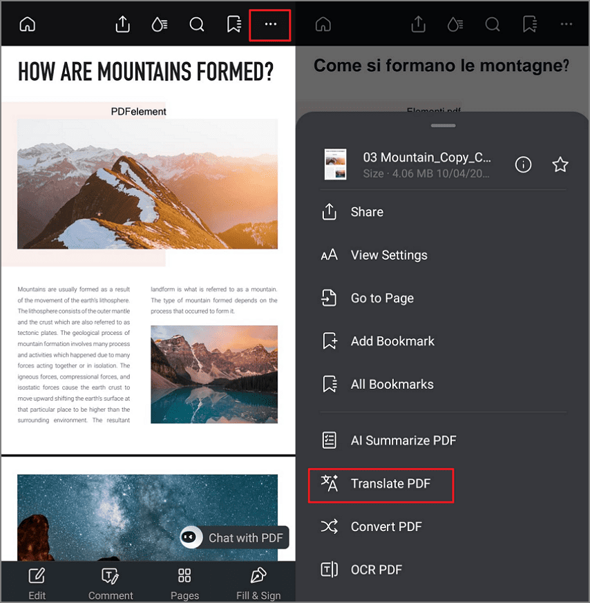 PDFelement для Android: пункт Translate PDF в меню открытого документа