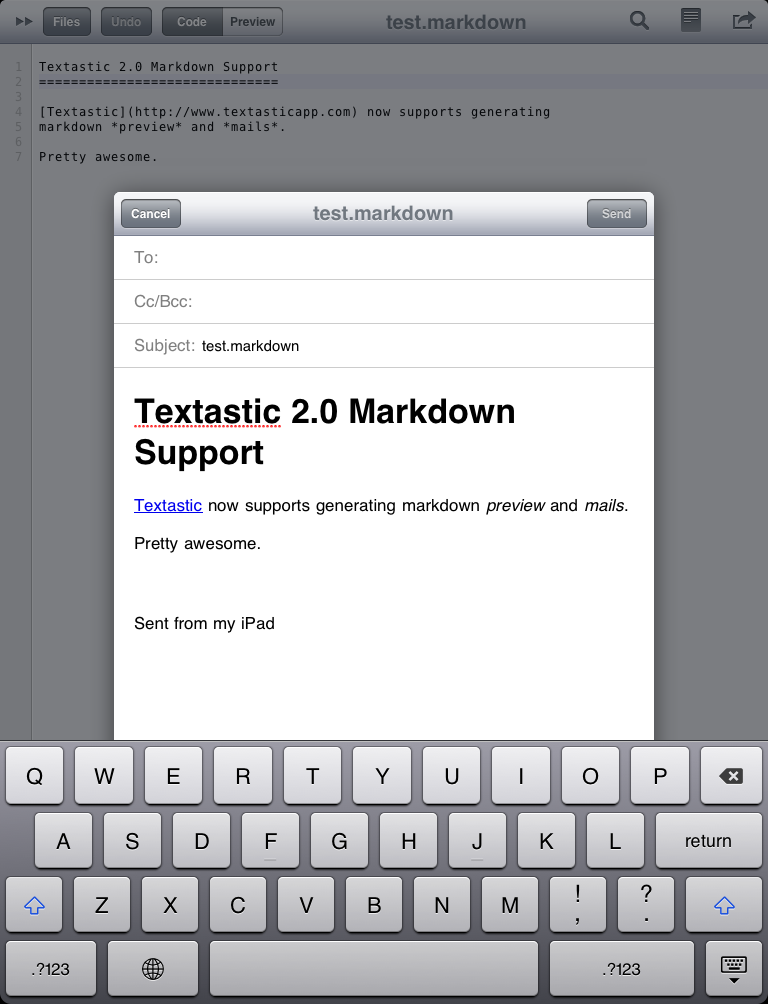 Пример интерфейса Textastic на iPad с текстовым редактором