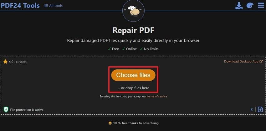 Кнопка Choose files в PDF24 Tools Repair PDF