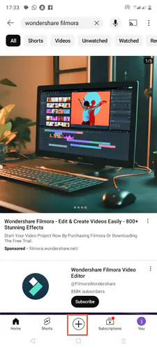 Открытие создания Shorts в мобильном приложении YouTube