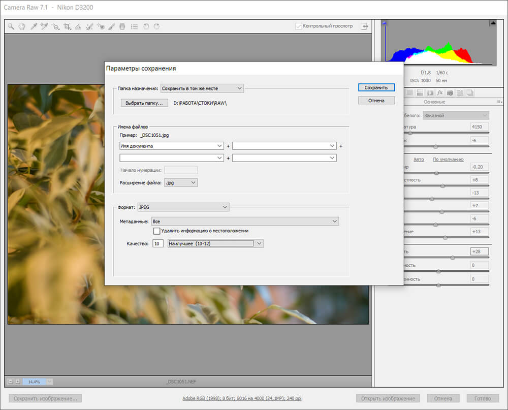 Окно сохранения JPEG из Adobe Camera Raw