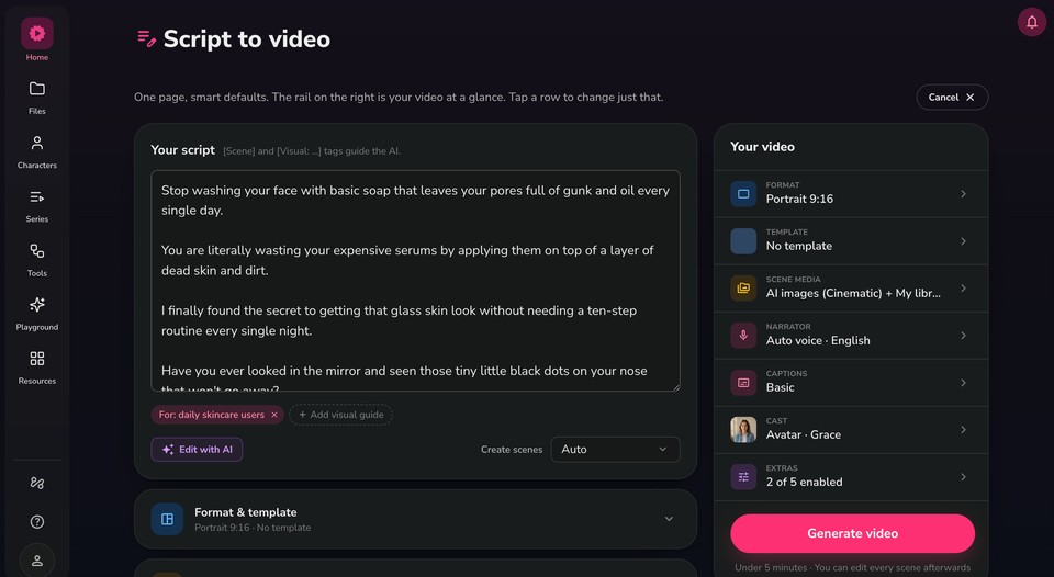 Интерфейс Fliki для создания видео из сценария