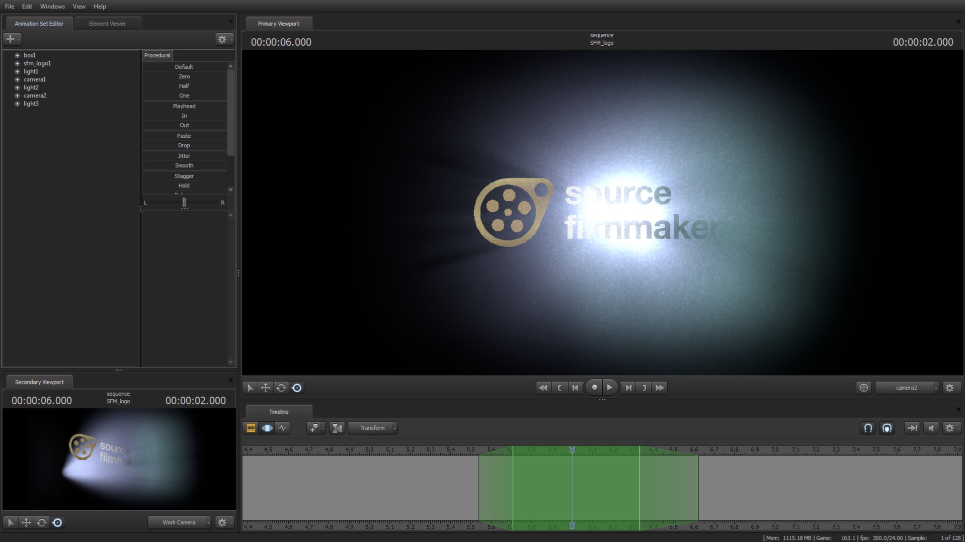 Интерфейс Source Filmmaker с viewport, Animation Set Editor и Timeline