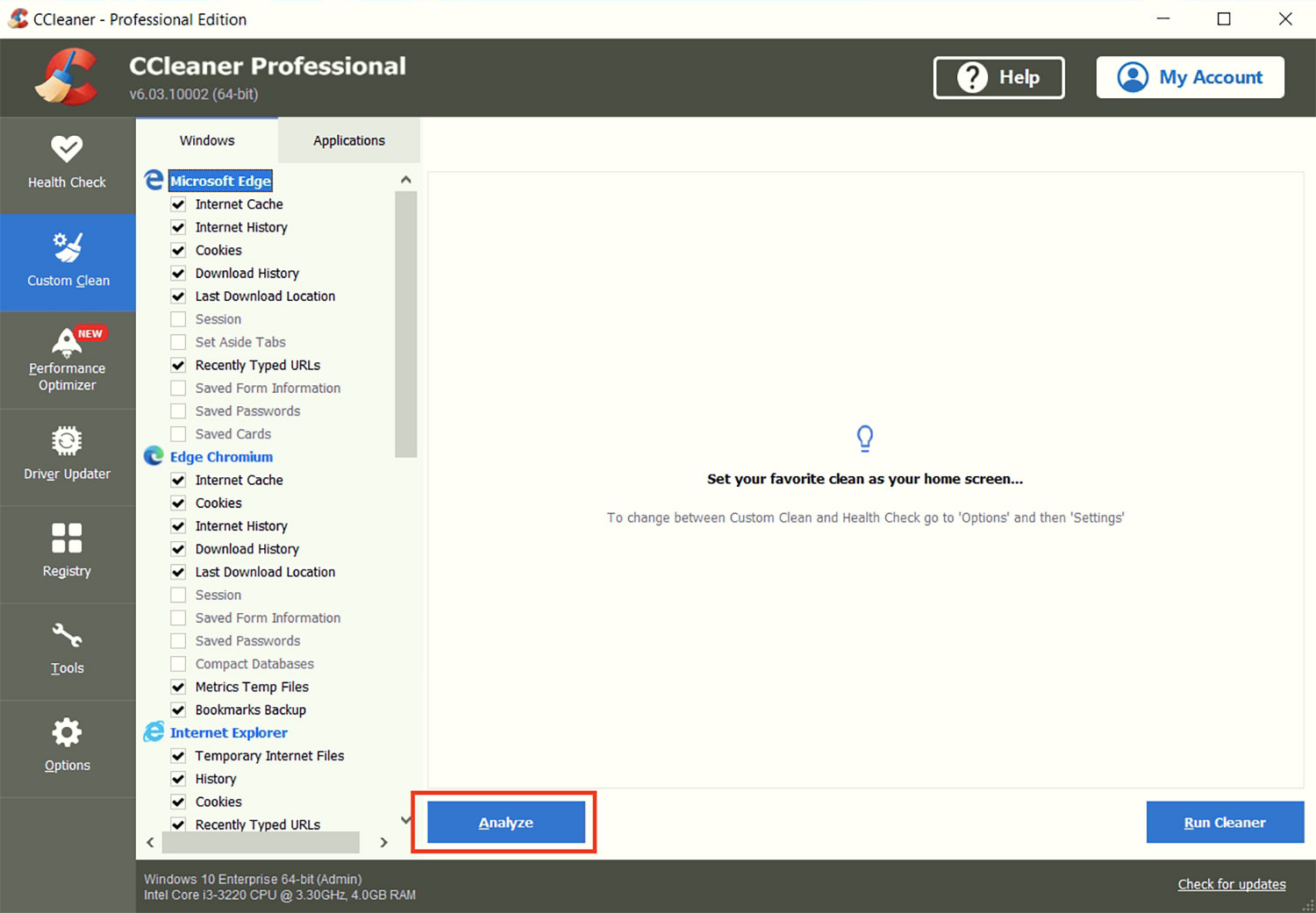 Раздел Custom Clean в CCleaner с вкладками Windows и Applications
