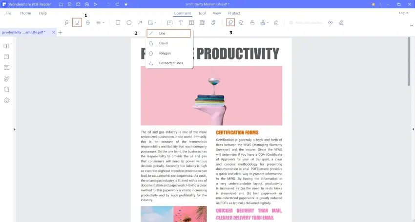Добавление линии в Wondershare PDF Reader