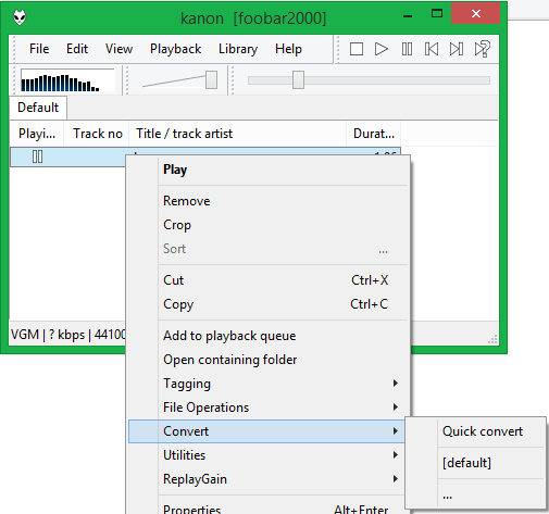 Контекстное меню Convert и Quick convert в foobar2000