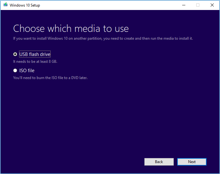 Выбор USB flash drive в Media Creation Tool