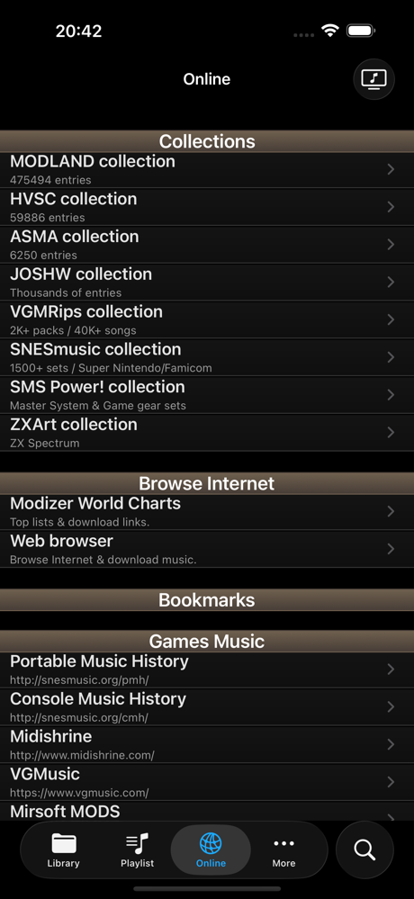 Интерфейс Modizer на iPhone с коллекциями модульной музыки и нижней панелью Library, Playlist и Online