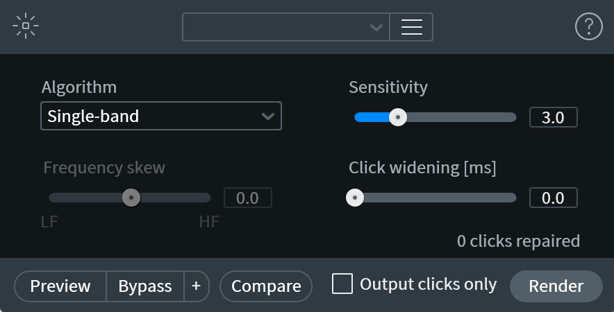 Модуль De-click в iZotope RX с настройками Sensitivity и Click widening