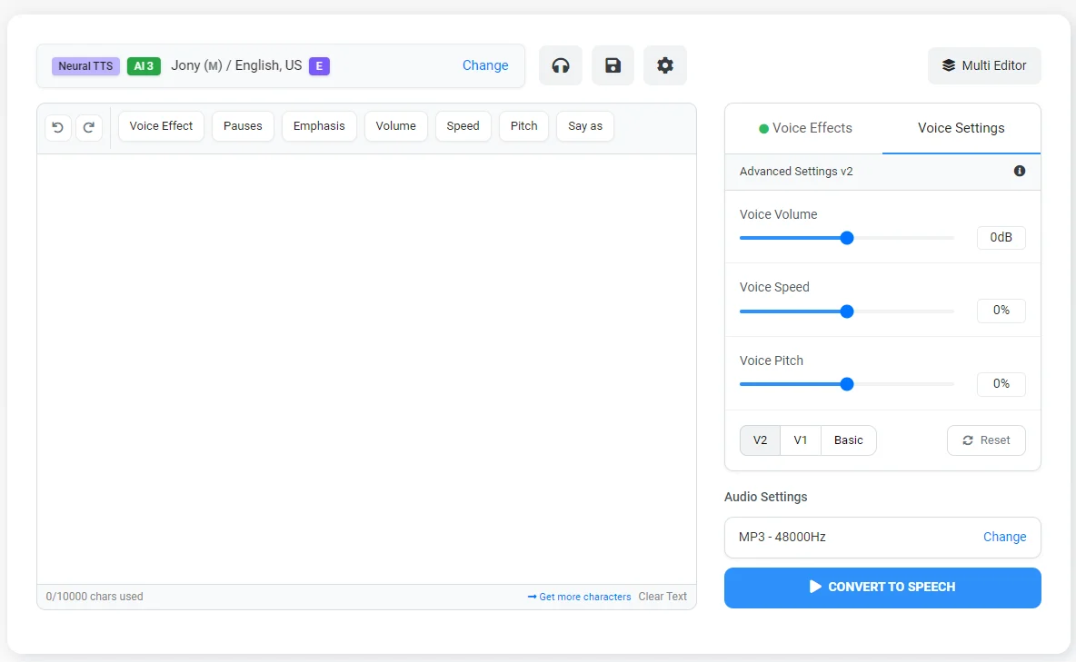 Редактор Voicemaker с настройками голоса и кнопкой Convert to Speech