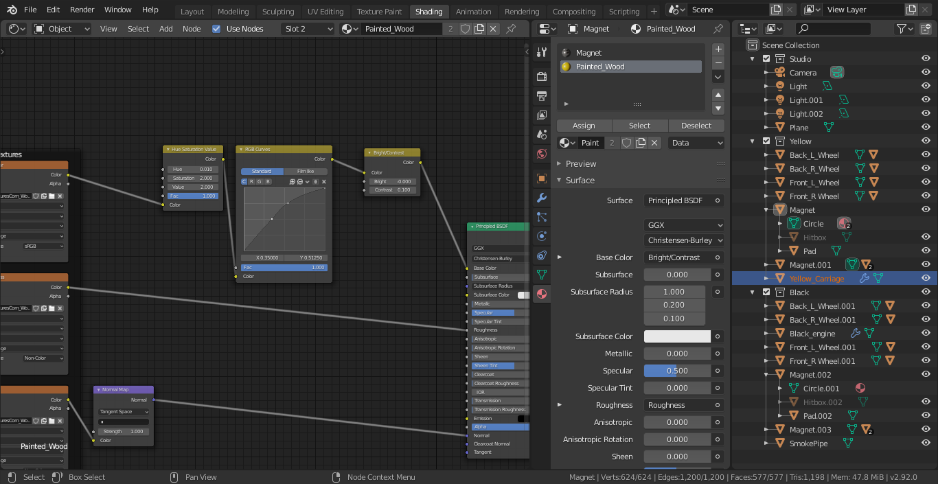 Shader Editor в Blender с нодами материала и списком объектов в Outliner