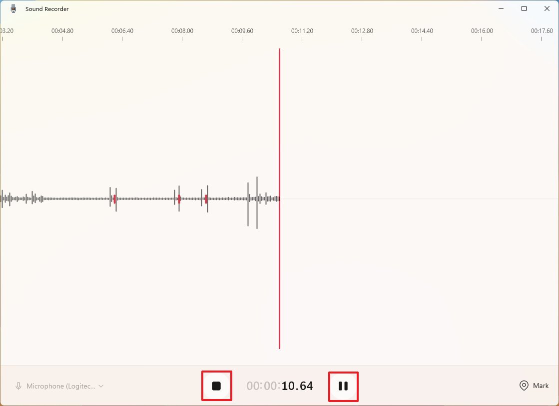 Пауза и остановка записи в Sound Recorder