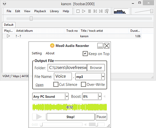 Запись системного звука в Moo0 Voice Recorder во время воспроизведения VGM