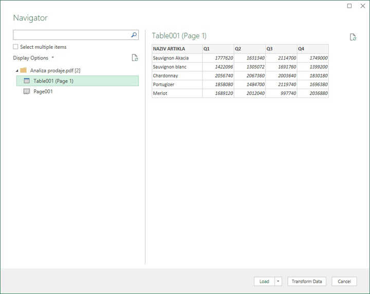 Excel Power Query Navigator: выбор таблицы из PDF, Load и Transform Data