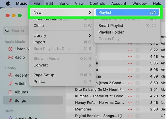 Music на macOS: создание плейлиста через File → New → Playlist