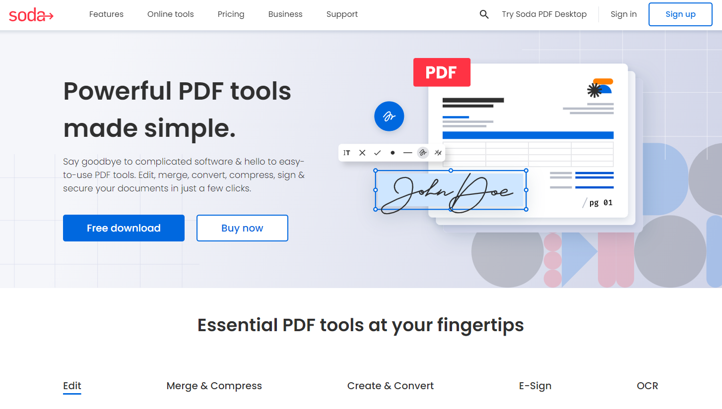 Интерфейс Soda PDF Online с инструментами редактирования и подписи