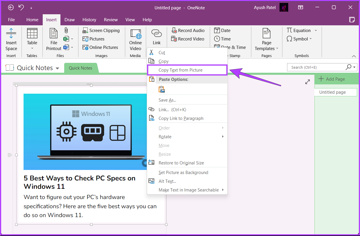 Команда Copy Text from Picture в Microsoft OneNote