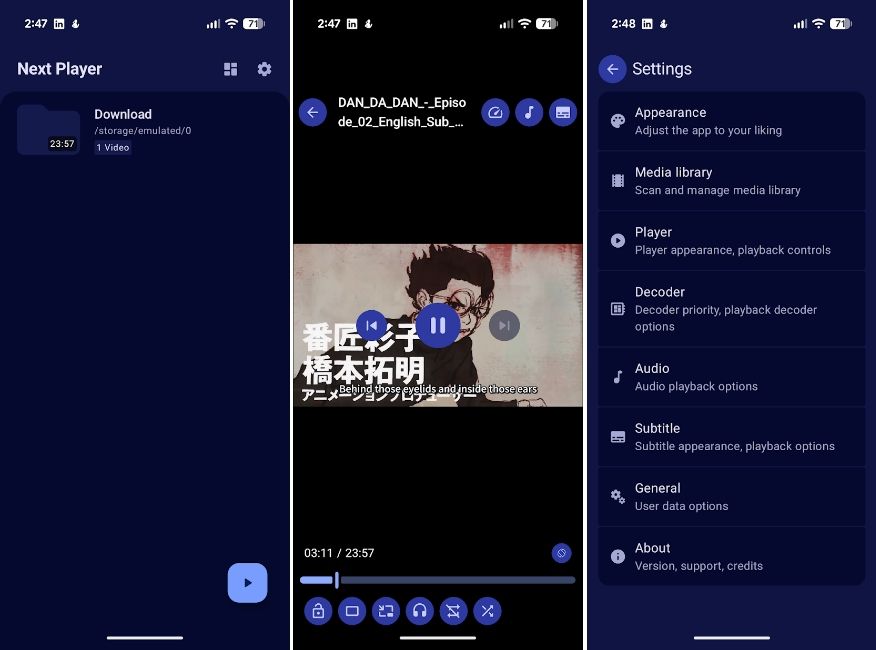 Интерфейс Next Player на Android с библиотекой воспроизведением и настройками Decoder Audio