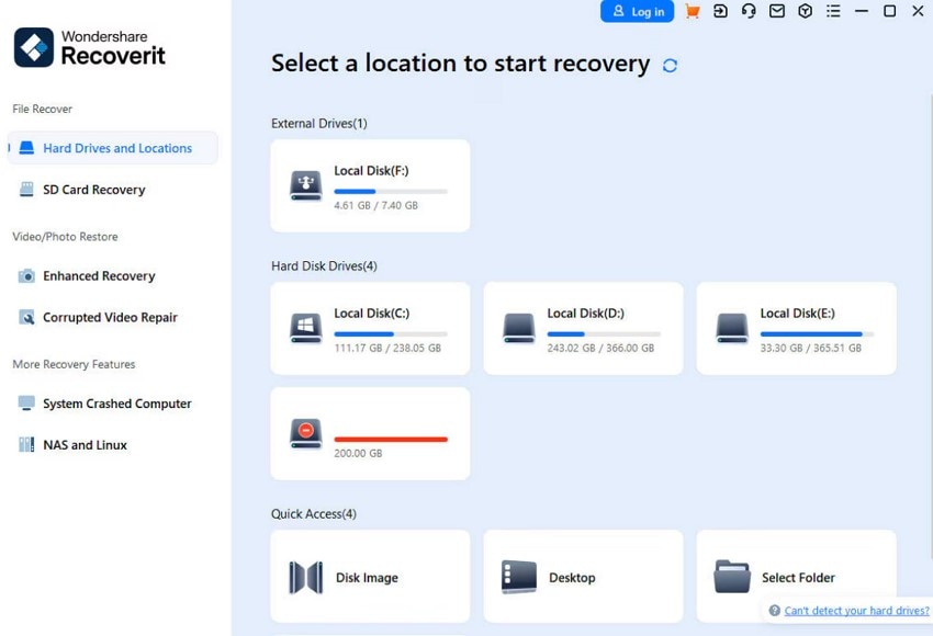 Выбор расположения в Wondershare Recoverit