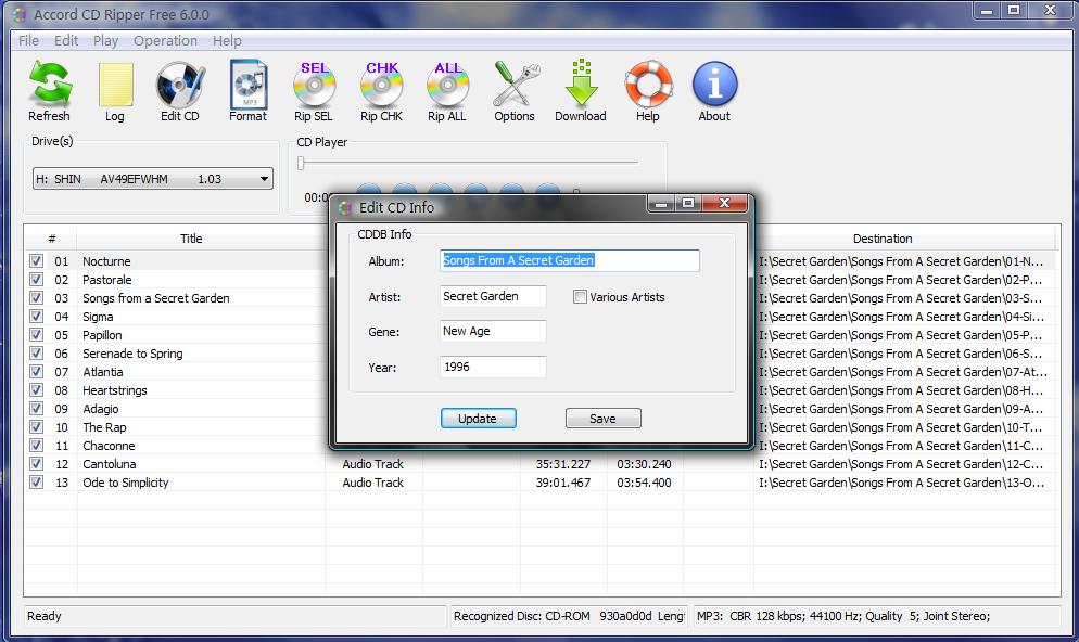 Редактирование сведений о диске в Accord CD Ripper Free