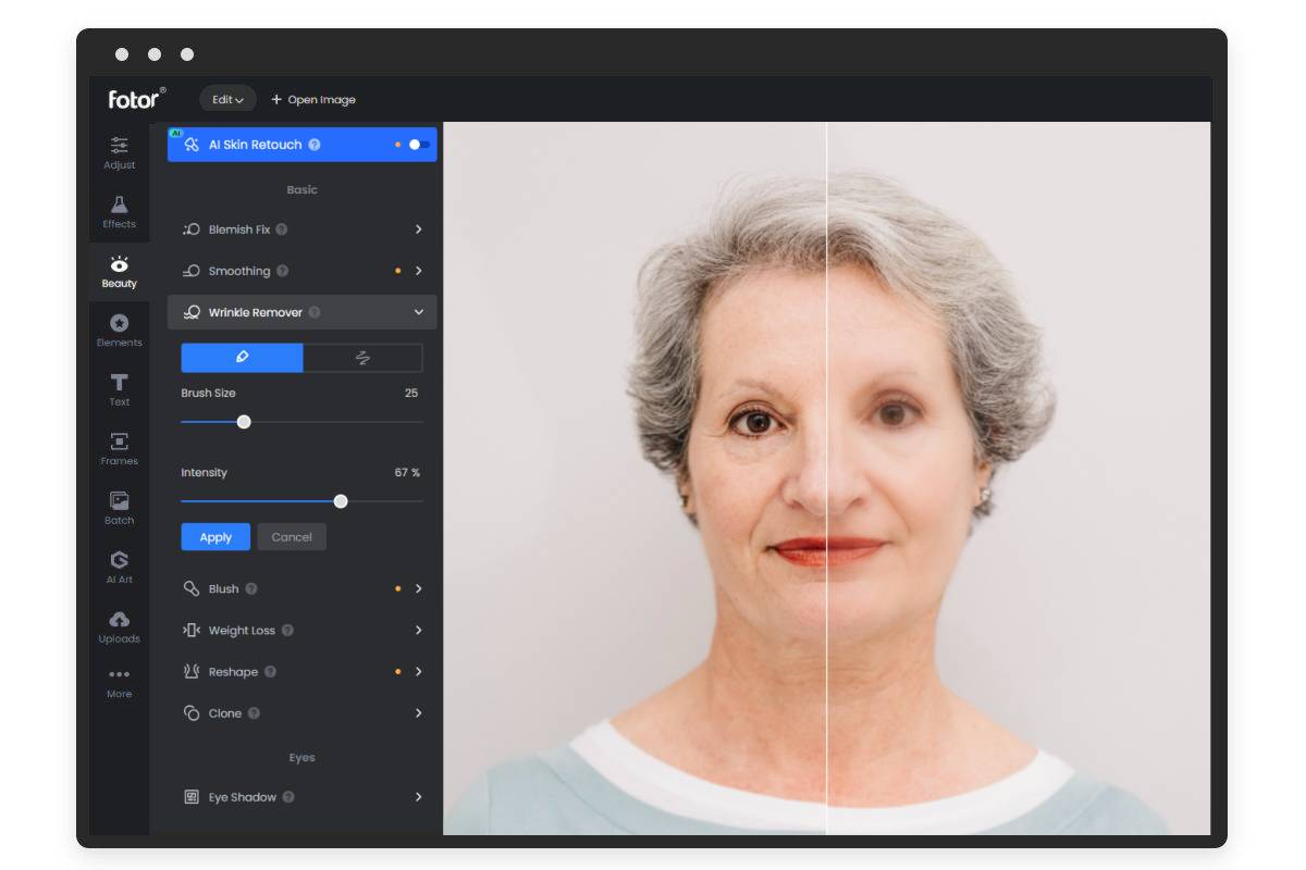 Fotor: сравнение до и после в Wrinkle Remover