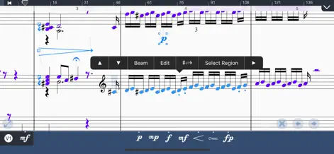 Интерфейс Symphony Pro на iPad с выделенными нотами и панелью динамики