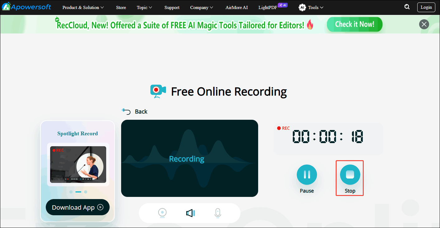 Кнопки Pause и Stop во время записи Apowersoft Online Screen Recorder