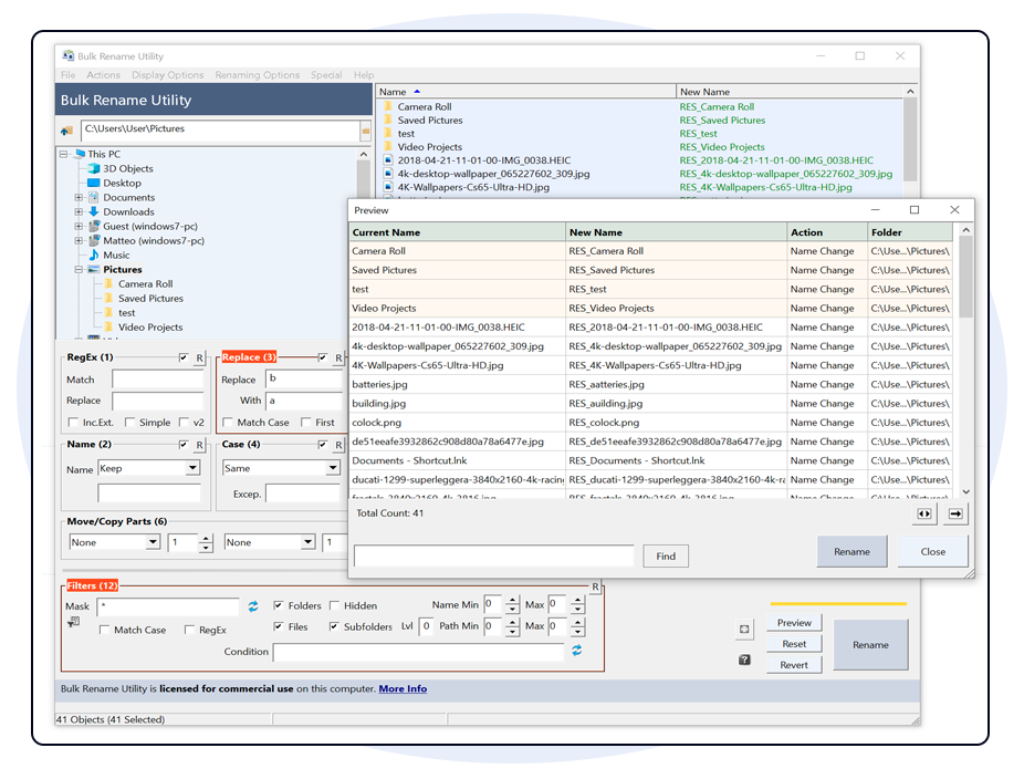 Bulk Rename Utility с таблицей текущих и будущих имён и окном предварительного просмотра