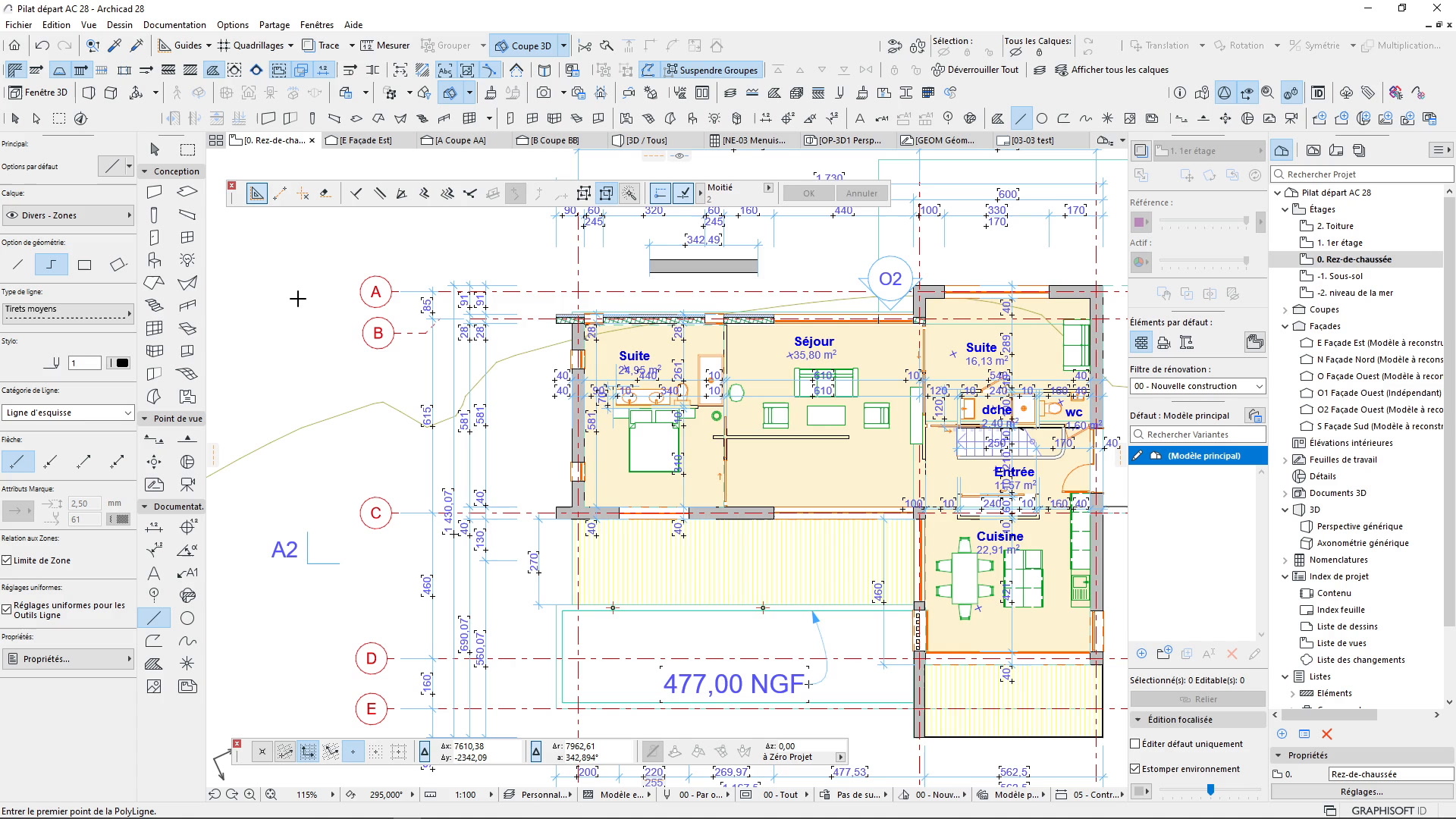 Интерфейс Archicad с поэтажным планом жилого дома, размерами и навигатором проекта