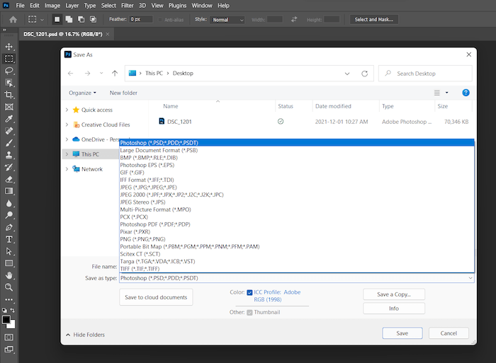 Файл NEF, открытый в Adobe Photoshop на Windows