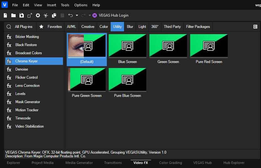 VEGAS Pro: Chroma Keyer в окне Video FX