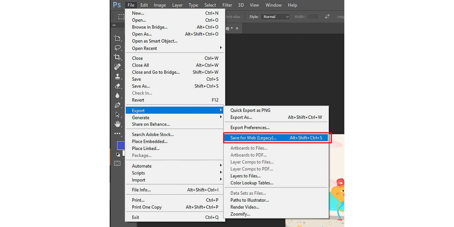 Окно экспорта GIF в Photoshop