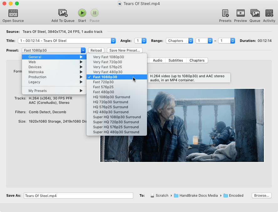 Выбор Preset в HandBrake на примере Fast 1080p30