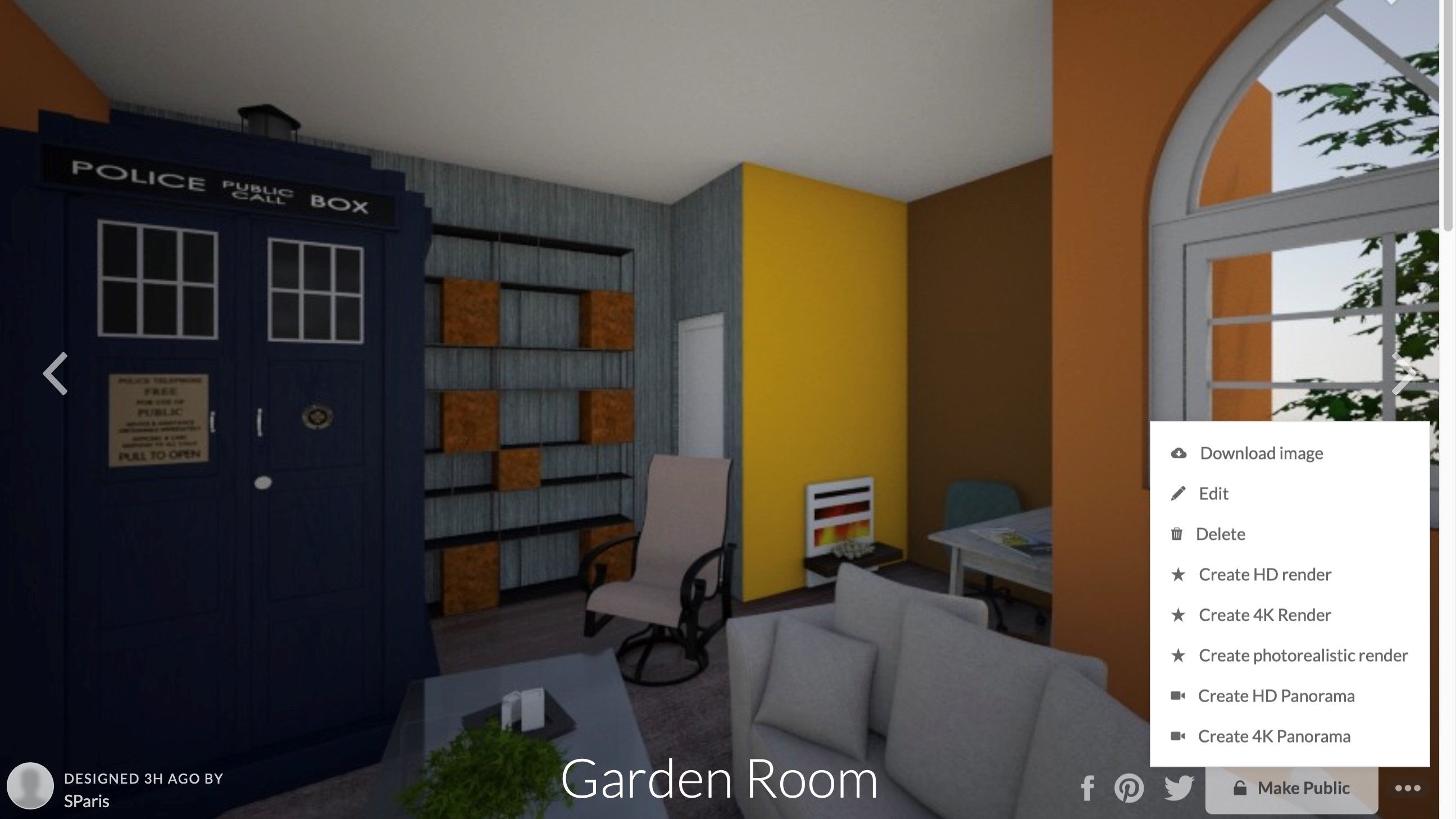 Результат 3D-снимка Roomstyler с меню создания HD, 4K, photorealistic render и панорам