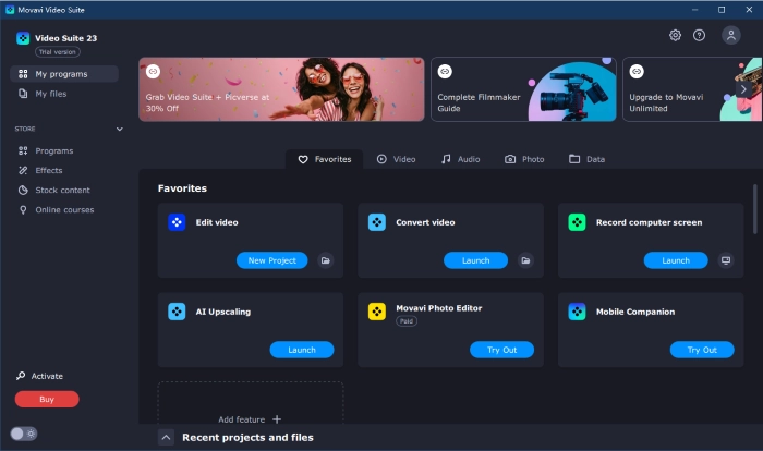 Интерфейс Movavi Video Suite с панелью инструментов мультимедийного набора