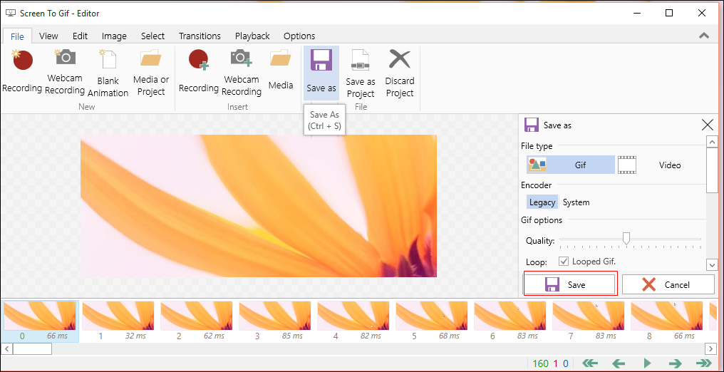 ScreenToGIF: панель Save as с выбором GIF, качества и Loop