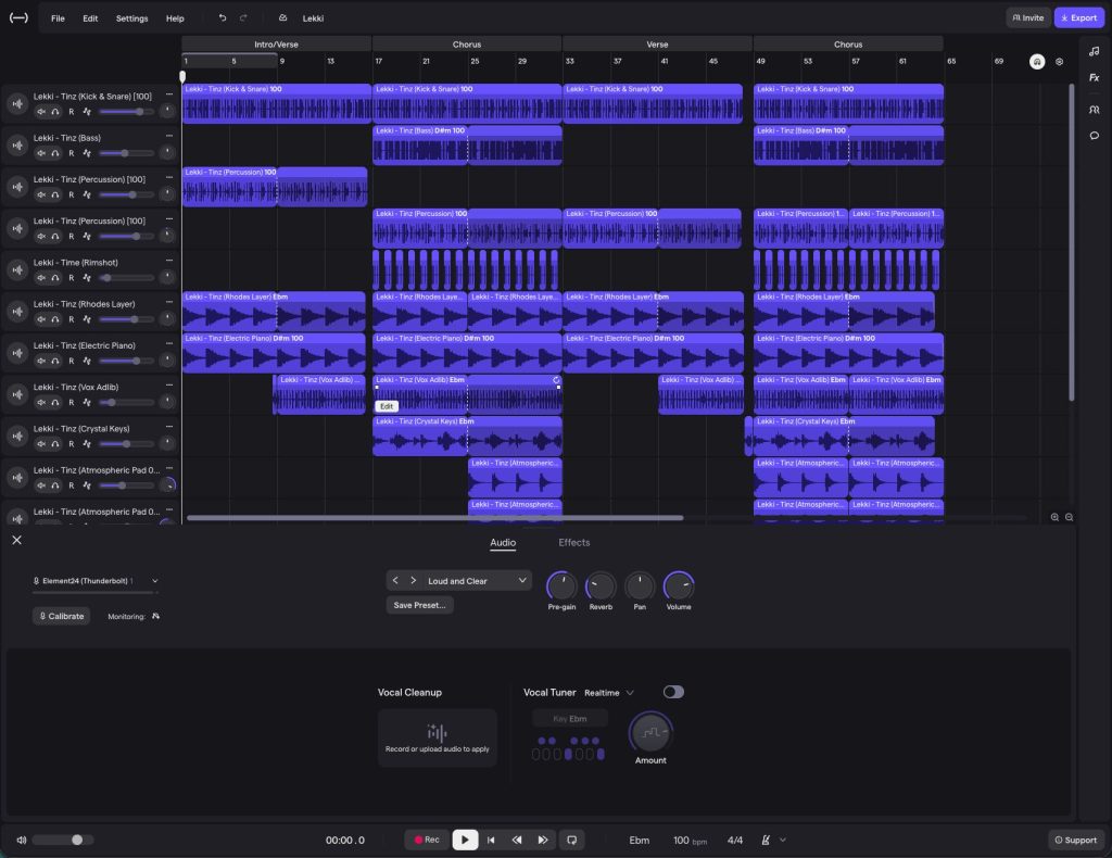 Интерфейс Soundtrap Studio с многодорожечным проектом и входными настройками
