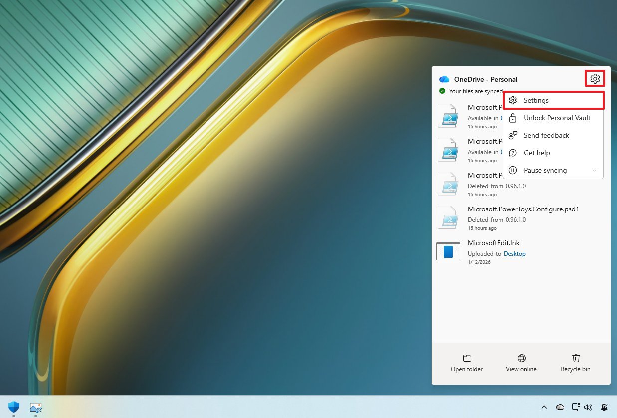 Открытие настроек OneDrive