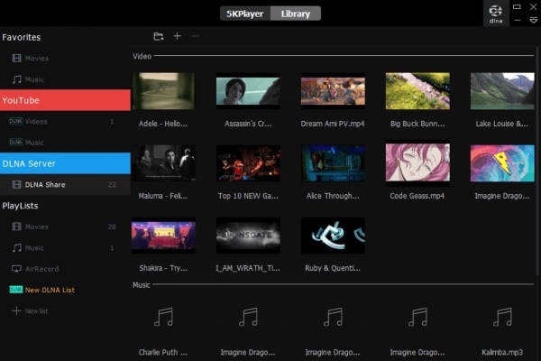 Медиатека и интерфейс 5KPlayer