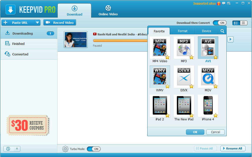 Окно выбора формата в режиме Download then Convert в KeepVid Pro