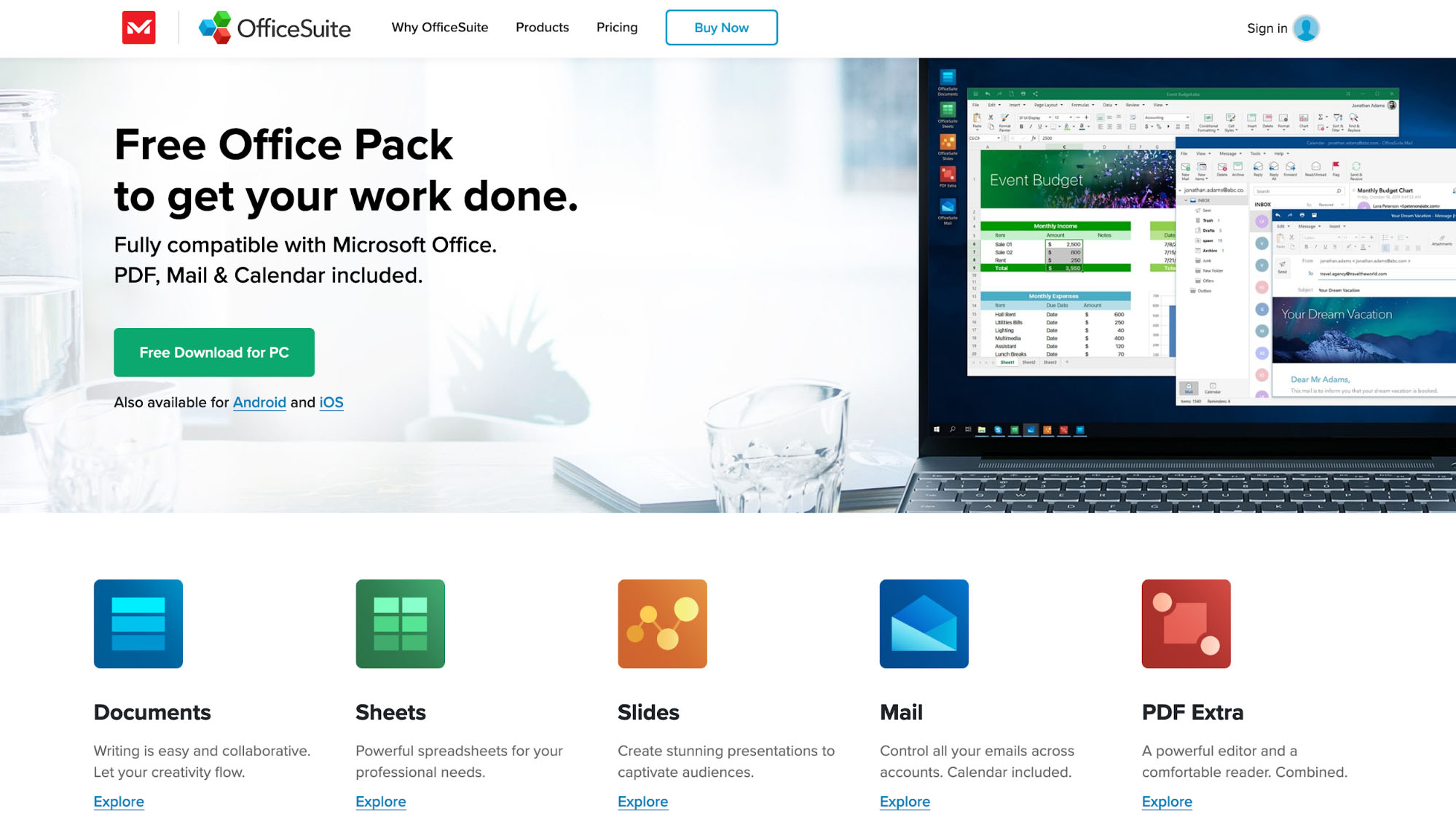 Главная страница OfficeSuite с модулями Documents, Sheets, Slides, Mail и PDF Extra