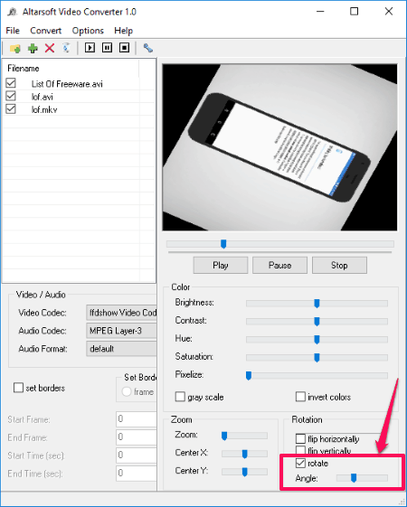 Интерфейс Altarsoft Video Converter с настройками поворота видео