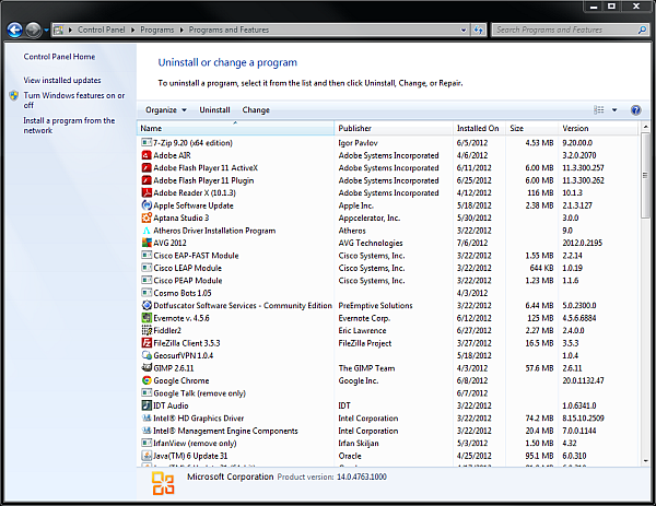 Окно Programs and Features со списком установленного ПО в Windows 7
