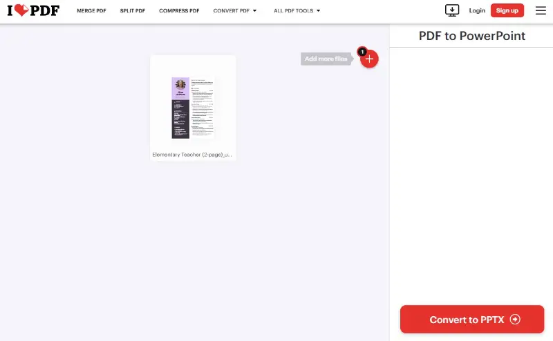 Интерфейс iLovePDF PDF to PowerPoint перед запуском Convert to PPTX