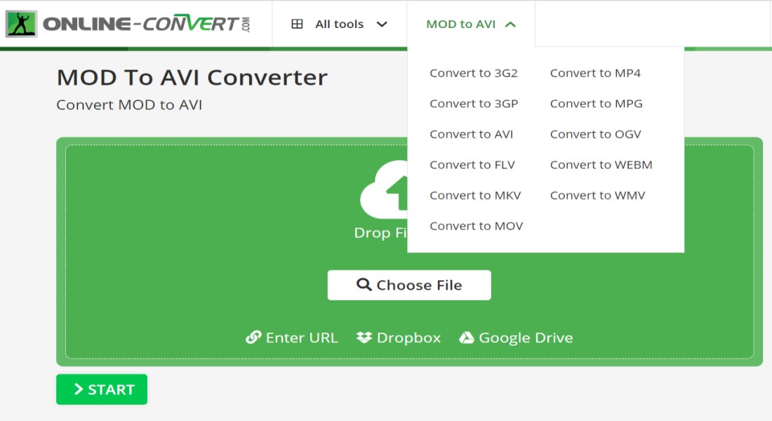 Страница Online-Convert для преобразования MOD в AVI