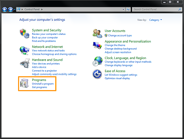 Категория Programs и ссылка Uninstall a program в Панели управления Windows 7