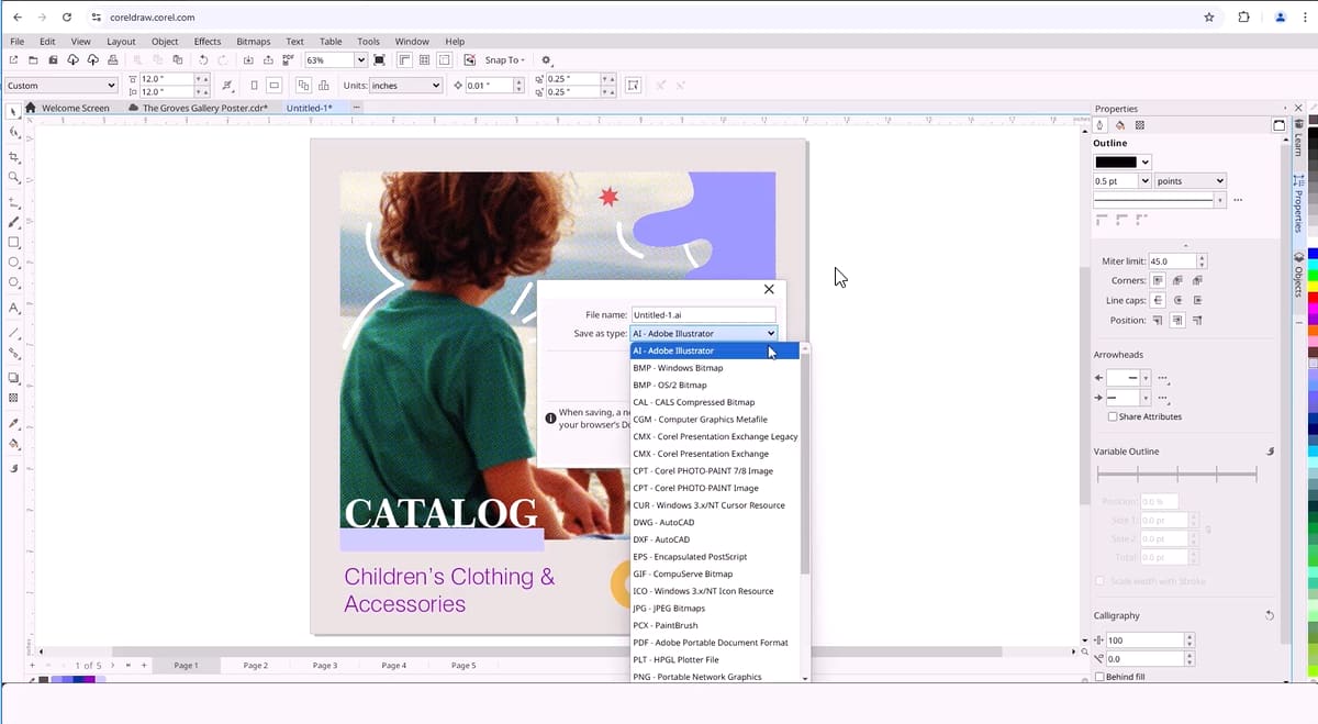 CorelDRAW с диалогом сохранения и выбором формата файла