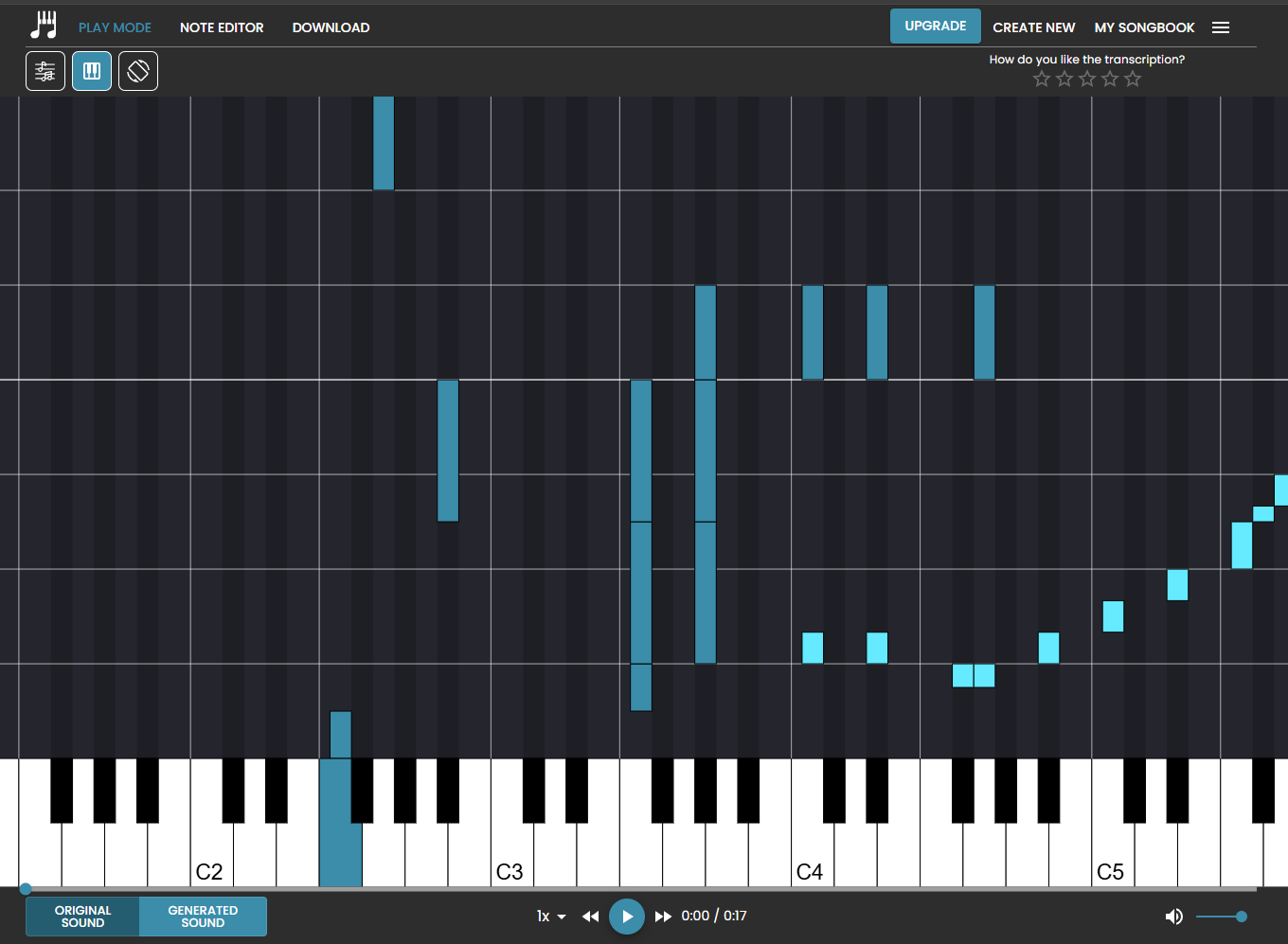 Klangio Transcription Studio: Note Editor с piano roll и распознанными нотами