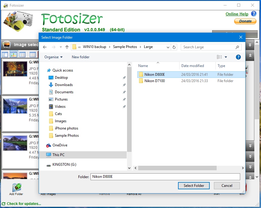 Выбор папки с изображениями через Add Folder в Fotosizer